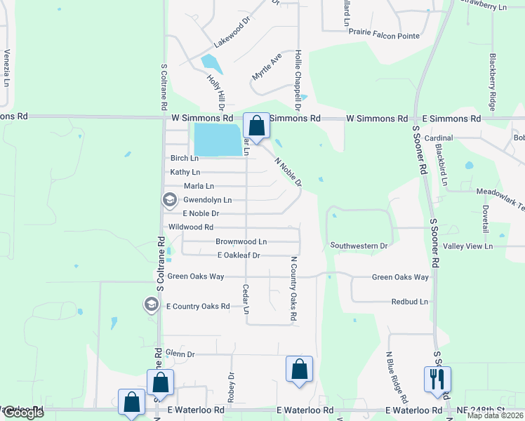 map of restaurants, bars, coffee shops, grocery stores, and more near 3309 Wildwood Road in Edmond