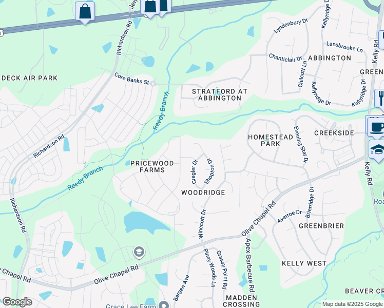 map of restaurants, bars, coffee shops, grocery stores, and more near 3002 Rock Island Drive in Apex