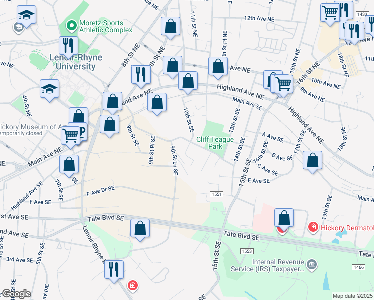 map of restaurants, bars, coffee shops, grocery stores, and more near 1012 D Avenue Southeast in Hickory