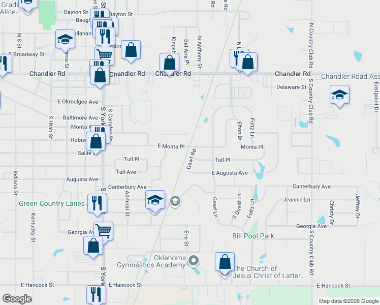 map of restaurants, bars, coffee shops, grocery stores, and more near 2905 Tull Place in Muskogee