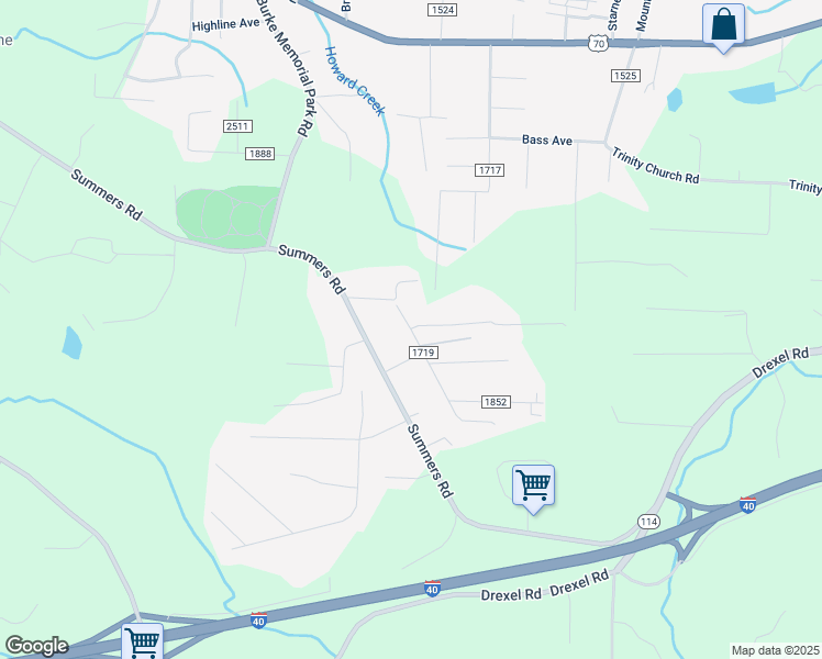 map of restaurants, bars, coffee shops, grocery stores, and more near Windy Hill Drive & Franklin Lane in Valdese