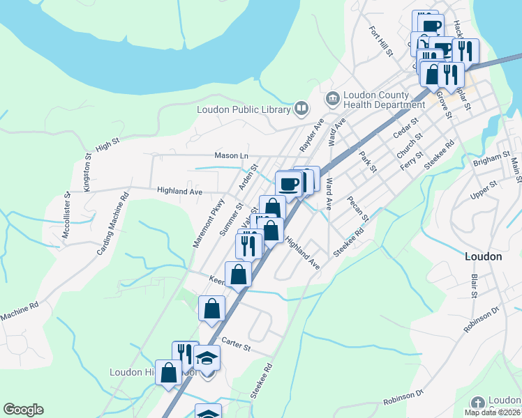 map of restaurants, bars, coffee shops, grocery stores, and more near 902 Vale Street in Loudon