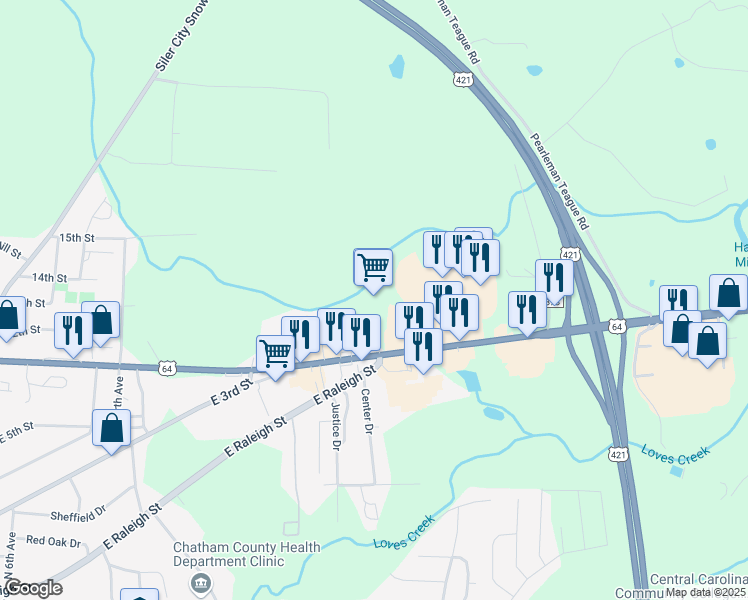 map of restaurants, bars, coffee shops, grocery stores, and more near 1605 East 11th Street in Siler City