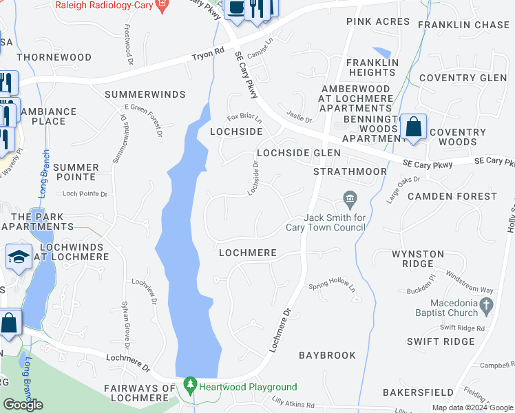 map of restaurants, bars, coffee shops, grocery stores, and more near 111 Rustic Wood Lane in Cary