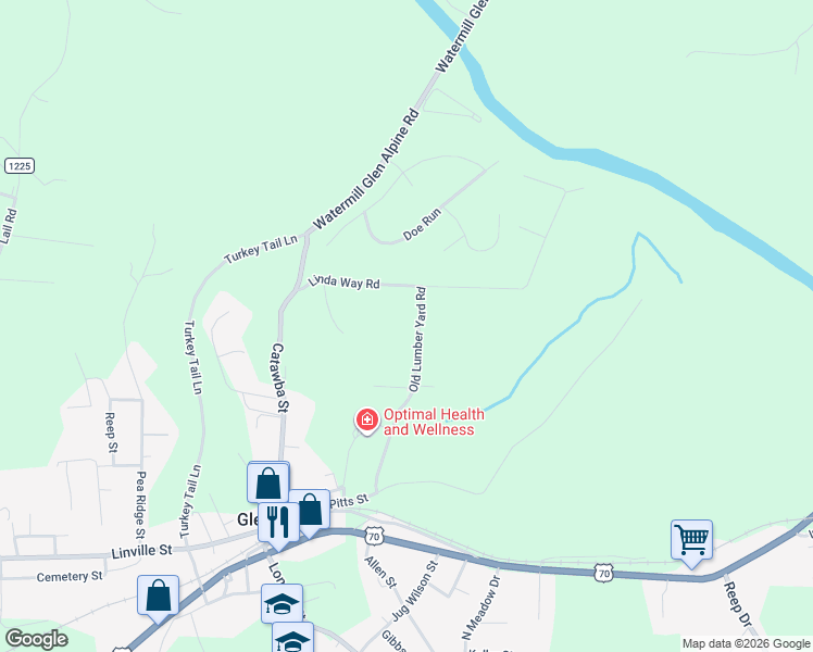 map of restaurants, bars, coffee shops, grocery stores, and more near 192 Old Lumber Yard Road in Glen Alpine