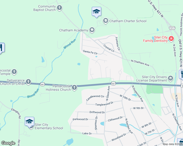 map of restaurants, bars, coffee shops, grocery stores, and more near 1708 Singing Sound Way Drive in Siler City