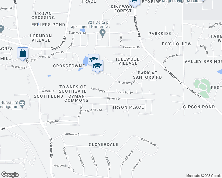 map of restaurants, bars, coffee shops, grocery stores, and more near 3435 Idlewood Village Drive in Raleigh