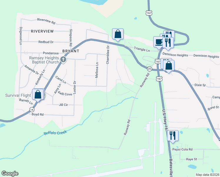 map of restaurants, bars, coffee shops, grocery stores, and more near 159 Chamblee Drive in Batesville