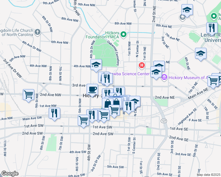 map of restaurants, bars, coffee shops, grocery stores, and more near 263 3rd Avenue Northwest in Hickory