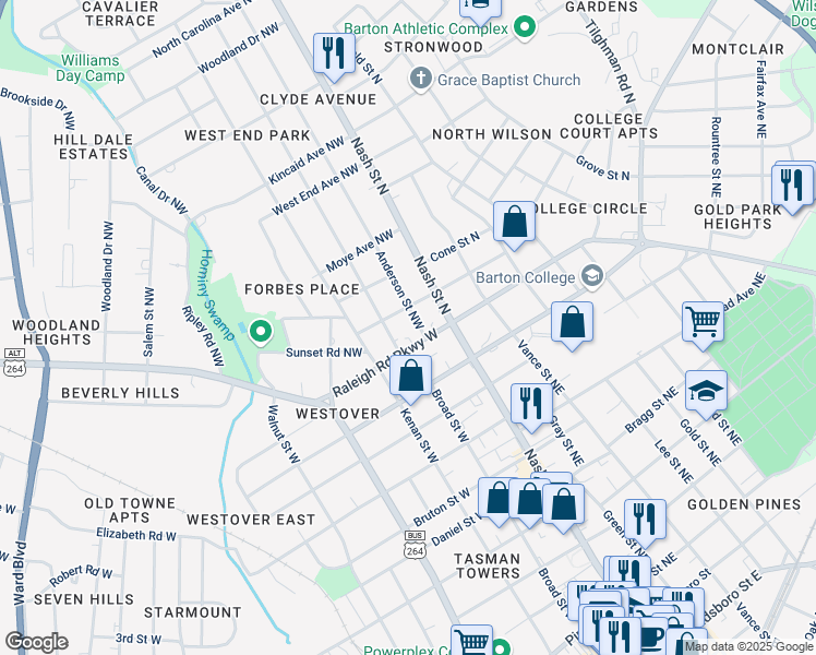 map of restaurants, bars, coffee shops, grocery stores, and more near 200 Connor Street Northwest in Wilson