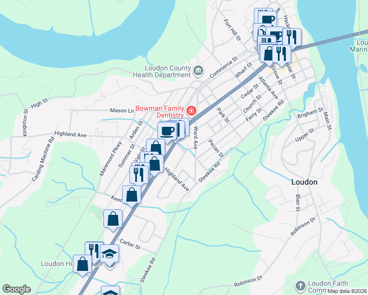 map of restaurants, bars, coffee shops, grocery stores, and more near 824 Mulberry Street in Loudon