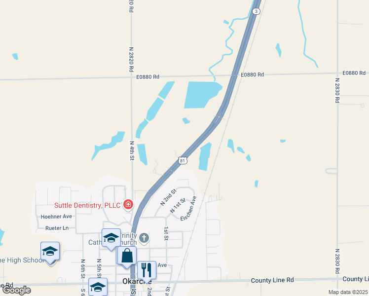 map of restaurants, bars, coffee shops, grocery stores, and more near in Okarche