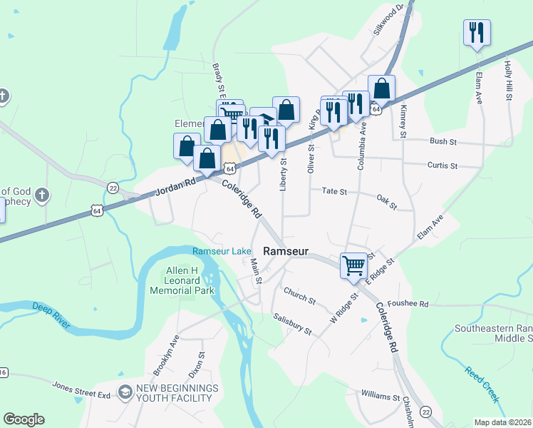 map of restaurants, bars, coffee shops, grocery stores, and more near 712 Liberty Street in Ramseur