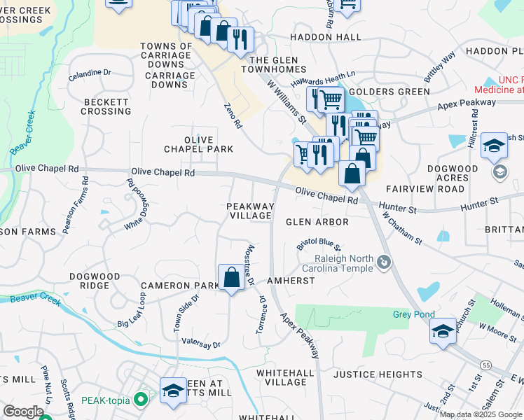 map of restaurants, bars, coffee shops, grocery stores, and more near 109 Thistle Top Trail in Apex