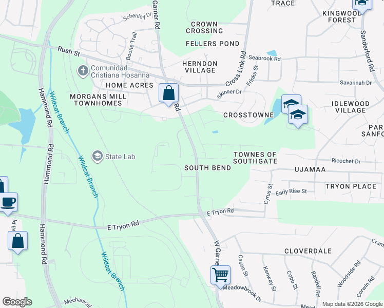 map of restaurants, bars, coffee shops, grocery stores, and more near 3228 Garner Road in Raleigh
