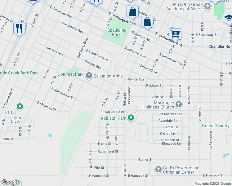map of restaurants, bars, coffee shops, grocery stores, and more near 1119 Hamilton Street in Muskogee