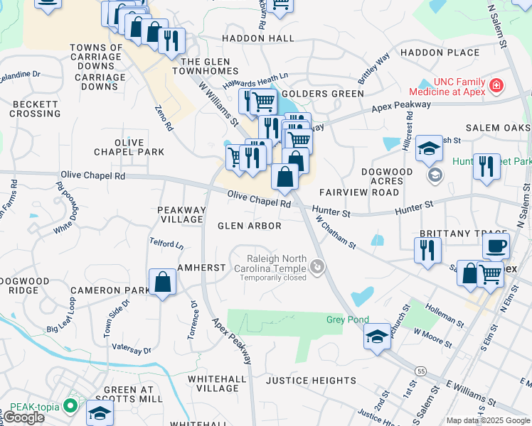 map of restaurants, bars, coffee shops, grocery stores, and more near 901 Spring Arbor Court in Apex