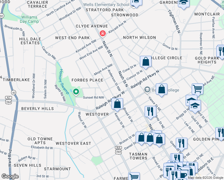 map of restaurants, bars, coffee shops, grocery stores, and more near 200 Connor Street Northwest in Wilson