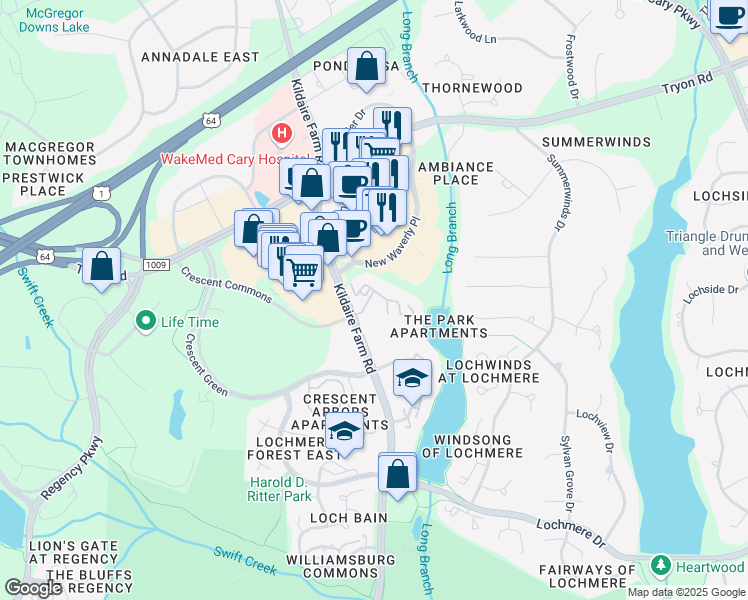 map of restaurants, bars, coffee shops, grocery stores, and more near 1300 Audubon Parc Drive in Cary