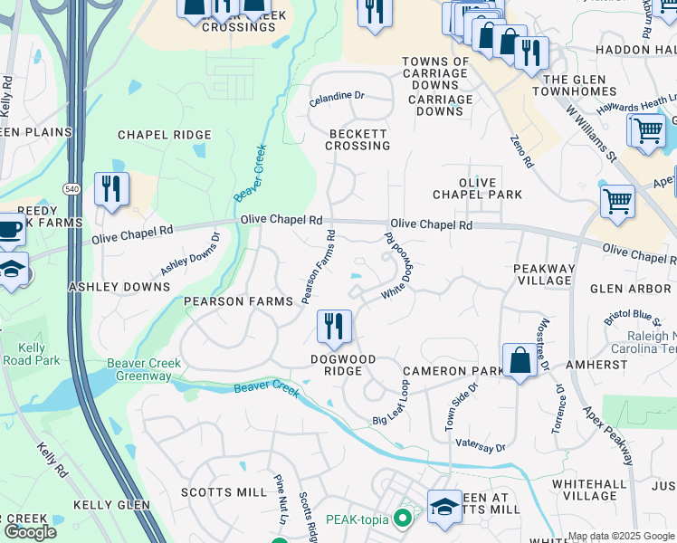 map of restaurants, bars, coffee shops, grocery stores, and more near 1202 Garden Gate Place in Apex