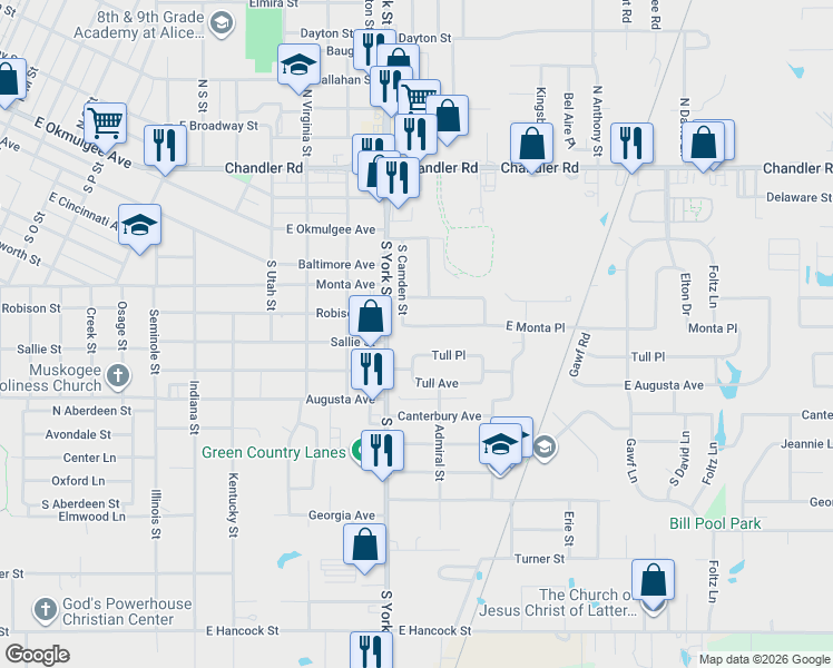 map of restaurants, bars, coffee shops, grocery stores, and more near 2605 Monta Avenue in Muskogee
