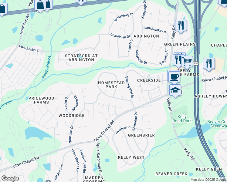 map of restaurants, bars, coffee shops, grocery stores, and more near 941 Homestead Park Drive in Apex