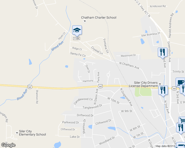 map of restaurants, bars, coffee shops, grocery stores, and more near 1309 Solo Drive in Siler City