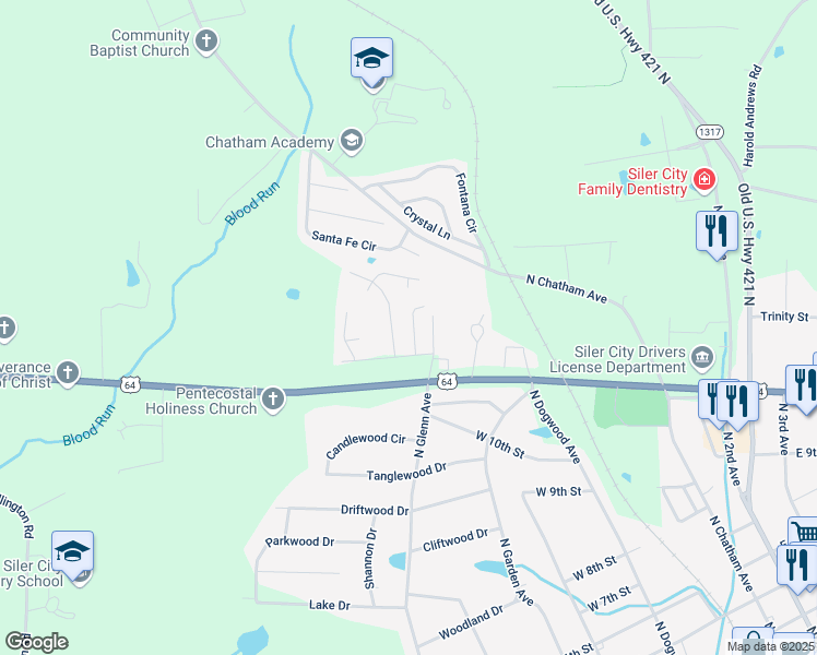 map of restaurants, bars, coffee shops, grocery stores, and more near 1309 Solo Drive in Siler City