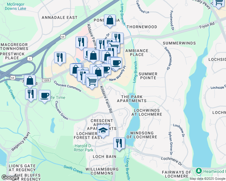 map of restaurants, bars, coffee shops, grocery stores, and more near 1100 Audubon Parc Drive in Cary