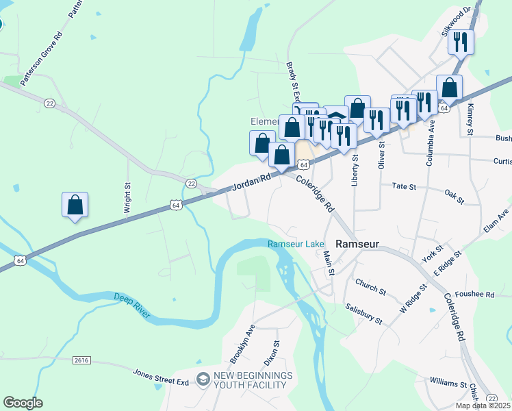 map of restaurants, bars, coffee shops, grocery stores, and more near 1701 Watkins Street in Ramseur