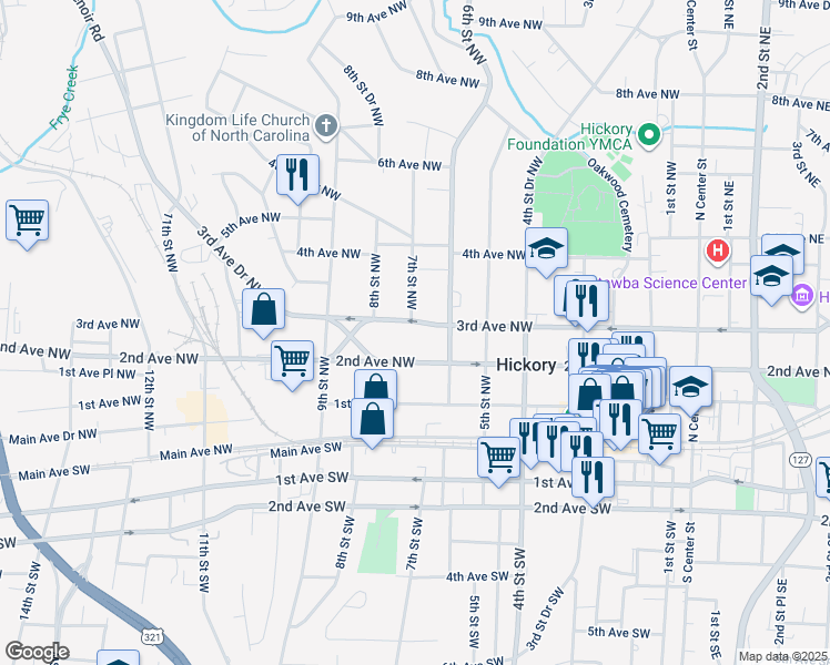 map of restaurants, bars, coffee shops, grocery stores, and more near 637 3rd Avenue Northwest in Hickory