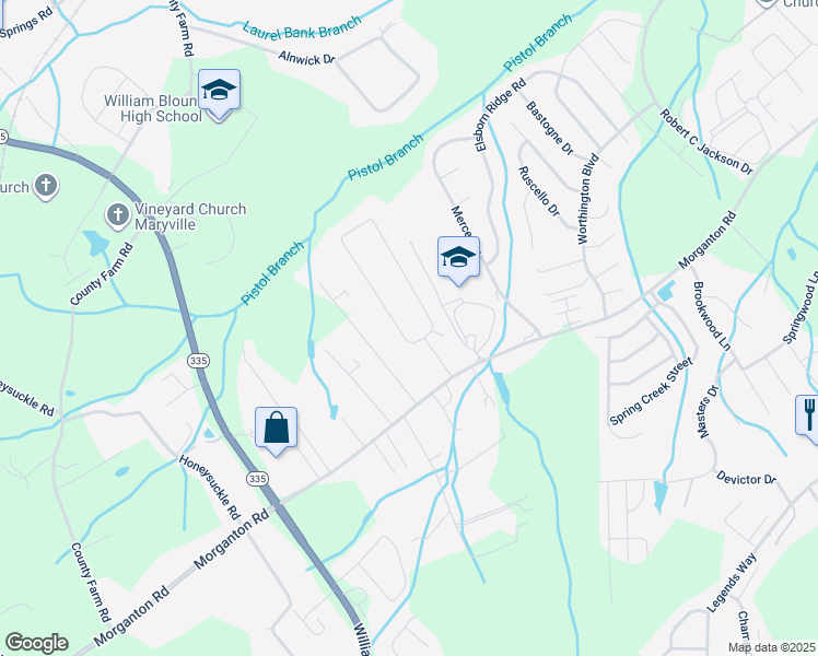 map of restaurants, bars, coffee shops, grocery stores, and more near 1011 Level Drive in Maryville
