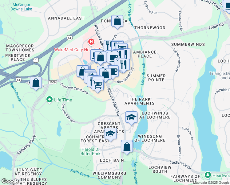 map of restaurants, bars, coffee shops, grocery stores, and more near 500 Snowy Egret Trail in Cary