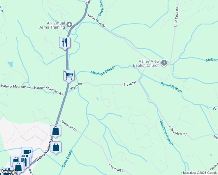 map of restaurants, bars, coffee shops, grocery stores, and more near 2527 Bryan Road in Sevierville