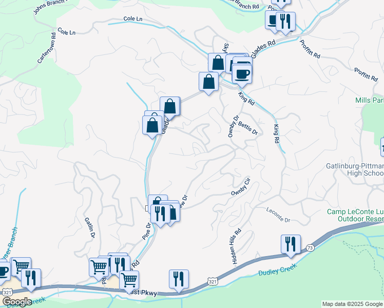 map of restaurants, bars, coffee shops, grocery stores, and more near 810 Blacksmith Way in Gatlinburg