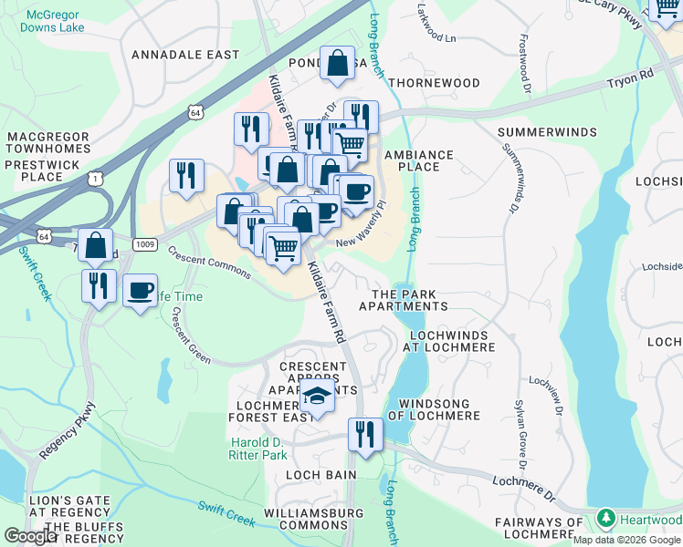 map of restaurants, bars, coffee shops, grocery stores, and more near 500 Snowy Egret Trail in Cary