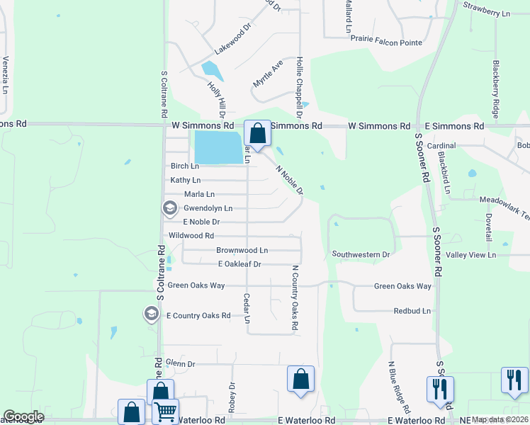 map of restaurants, bars, coffee shops, grocery stores, and more near 3309 Gwendolyn Lane in Edmond