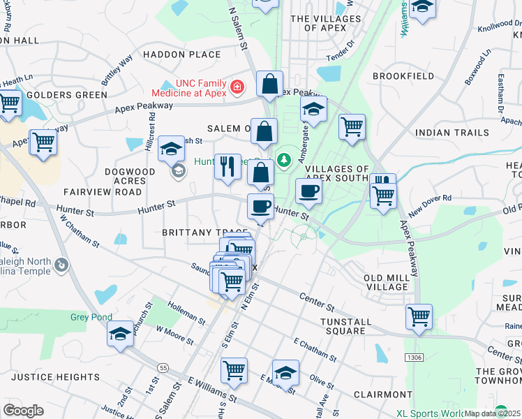 map of restaurants, bars, coffee shops, grocery stores, and more near 413 North Salem Street in Apex