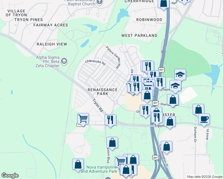 map of restaurants, bars, coffee shops, grocery stores, and more near 1334 Regulator Street in Raleigh