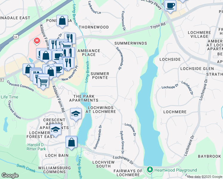map of restaurants, bars, coffee shops, grocery stores, and more near 105 Loch Pointe Drive in Cary