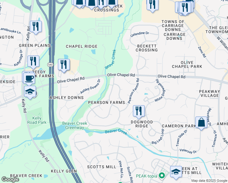 map of restaurants, bars, coffee shops, grocery stores, and more near 1106 Patterson Grove Road in Apex