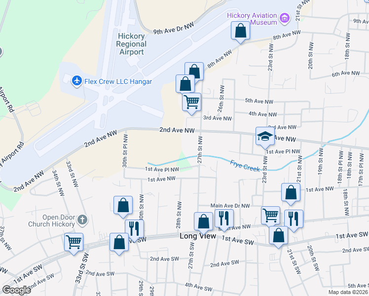 map of restaurants, bars, coffee shops, grocery stores, and more near 171 27th Street Northwest in Hickory