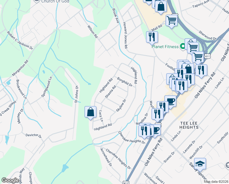 map of restaurants, bars, coffee shops, grocery stores, and more near 416 Daybreak Drive in Maryville