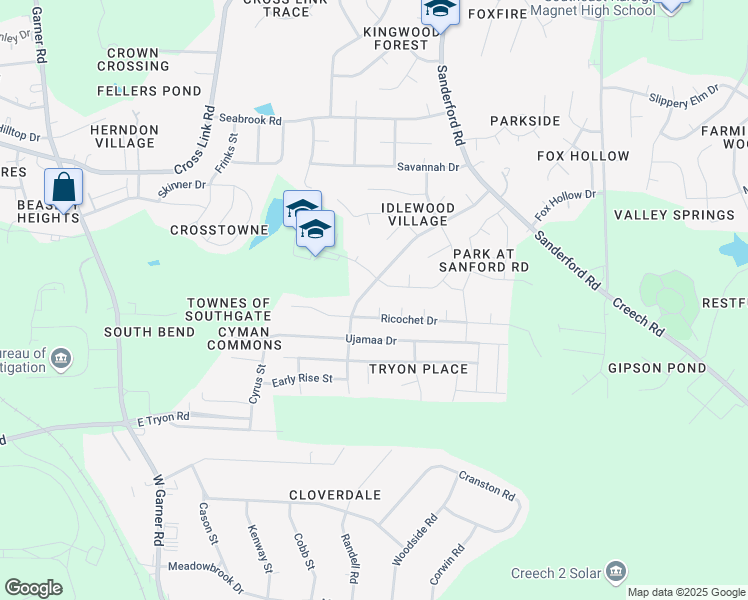 map of restaurants, bars, coffee shops, grocery stores, and more near 3404 Monsieur Court in Raleigh