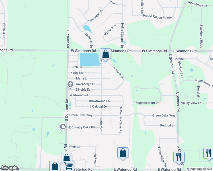 map of restaurants, bars, coffee shops, grocery stores, and more near 3309 Gwendolyn Lane in Edmond