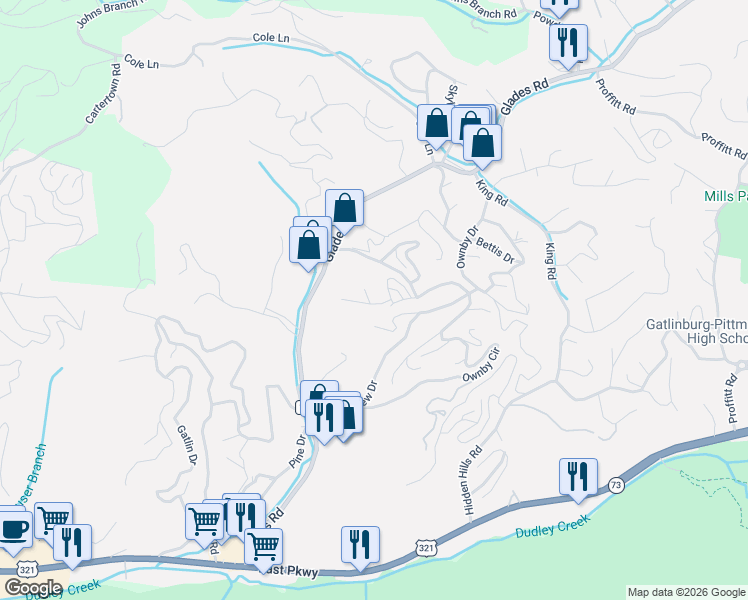 map of restaurants, bars, coffee shops, grocery stores, and more near 810 Blacksmith Way in Gatlinburg