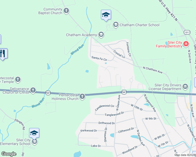 map of restaurants, bars, coffee shops, grocery stores, and more near 1722 Singing Sound Way Drive in Siler City