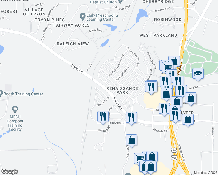 map of restaurants, bars, coffee shops, grocery stores, and more near 1224 Chapanoke Road in Raleigh
