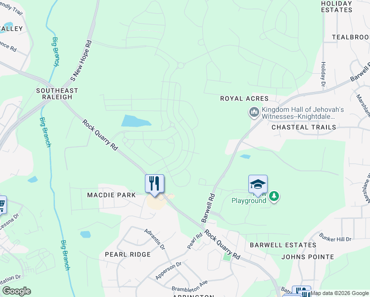 map of restaurants, bars, coffee shops, grocery stores, and more near 5325 Rock Quarry Road in Raleigh