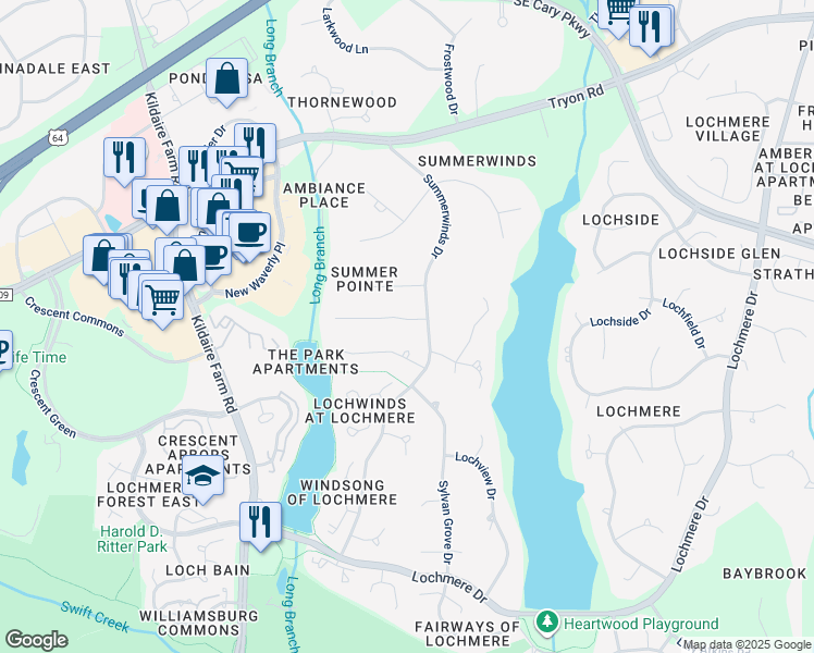 map of restaurants, bars, coffee shops, grocery stores, and more near 105 Loch Pointe Drive in Cary